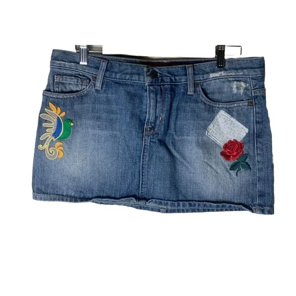 Guess Y2K Mini Denim Skirt Jean Embroidered Sz 31  Fairycore Whimsi Boho Festiva - Picture 2 of 16